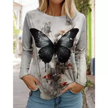Женские белые топы с длинными рукавами, повседневные топы с круглым вырезом, 3D-принт с принтом в виде бабочек, женская модная футболка с длинными рукавами S
