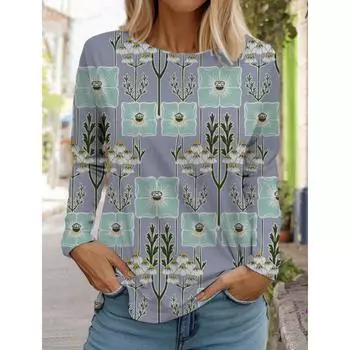 Женские белые топы с длинными рукавами, повседневные топы с круглым вырезом, 3D-принт с цветами, модный трендовый принт, женская футболка с длинными рукавами S