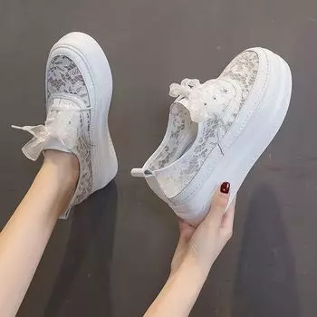 Женские белые туфли, летние новые платья, толстые дышащие туфли-лодочки, сетчатые кружевные туфли-муффины, женская модная обувь 34 белый