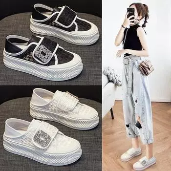 Женские белые туфли, летние, новые, сетчатые, со стразами, дышащие, универсальные, спортивные, повседневные, на платформе 35 белый