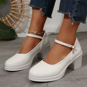 Женские белые туфли-лодочки на толстом каблуке с круглым носком и ремешком на щиколотке, элегантные туфли Мэри Джейн для женщин на высоком каблуке, офисная обувь больших размеров 36