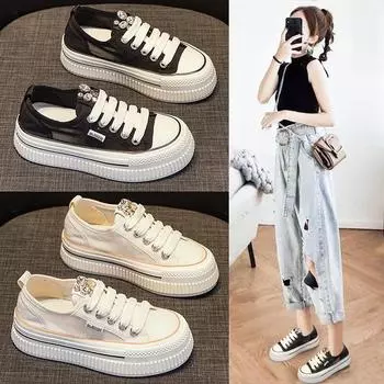 Женские белые туфли на толстой подошве на платформе, летние, новые, универсальные, из парусины, сетчатые, для спорта и отдыха, со стразами, для скейтбординга, модные 35 белый