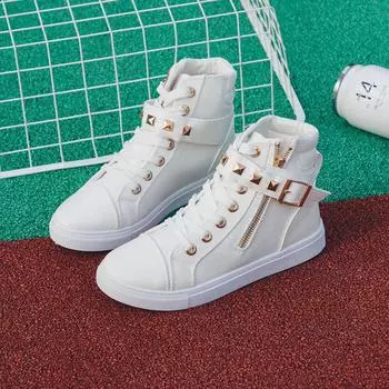 Женские белые туфли Rivet, высокие повседневные парусиновые кроссовки, удобные кроссовки на плоской подошве, женские ботильоны с пряжкой и ремешком 35
