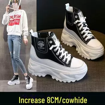 Женские белые высокие туфли, увеличивающие рост: Осень/Зима 2022, толстая подошва из коровьей кожи, корейский стиль 37