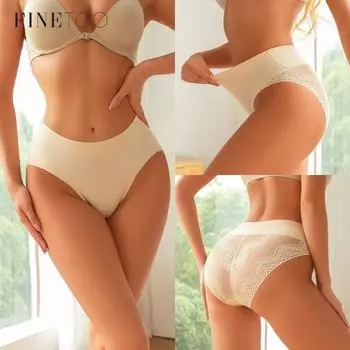 Женские бесшовные кружевные трусики FINETOO средней длины, шелковое комфортное нижнее белье, бесшовное нижнее белье S чёрный