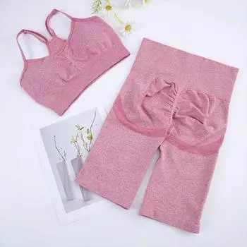 Женские бесшовные спортивные костюмы, шорты для тренировки с подтяжкой ягодиц и бюстгальтером для бега, тонкий комплект для йоги S чёрный