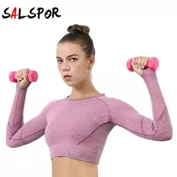 Женские бесшовные топы, женские рубашки для йоги с длинным рукавом, эластичный топ для фитнеса и спорта S оранжевый