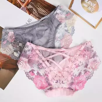 Женские бесшовные трусы, нижнее белье с вышивкой, цветочные трусы, нижнее белье, трусики с низкой талией, кружево M зелёный