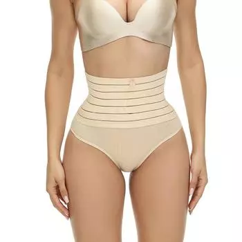 Женские бесшовные утягивающие трусы с высокой посадкой, поддерживающими ягодицы и дышащими вставками S бежевый
