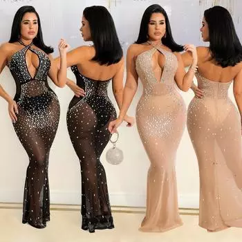 Женские без рукавов халтер стразы сетка прозрачная невеста подружки невесты свадебное длинное платье вечерние макси бальные платья S чёрный