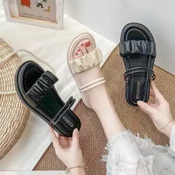 Женские бежевые плиссированные дизайнерские сандалии с открытым носком и рюшами на плоской подошве, повседневная обувь 35 чёрный