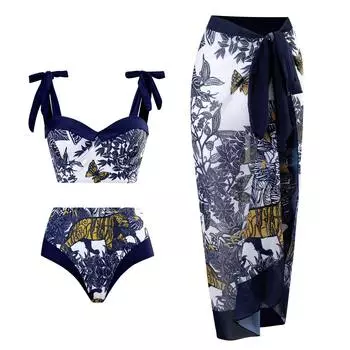 Женские бикини Trend 2024 Push Up Комплект бикини из 3 предметов Женские купальники Сексуальный купальник-бикини с высокой талией Летняя пляжная юбка Купальный костюм Платье S