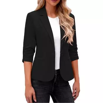 Женские блейзеры с рукавом 3/4 с драпировкой, деловой повседневный пиджак, элегантный приталенный крой для работы, с подплечниками L чёрный