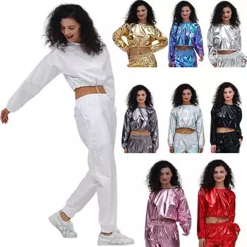 Женские блестящие металлические толстовки с длинным рукавом, укороченный топ, повседневный пуловер, рубашки в стиле хип-хоп для ночного клуба, танцевальная одежда S чёрный