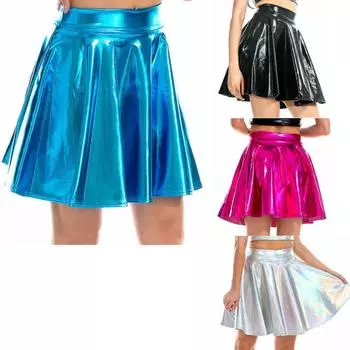 Женские блестящие мини-юбки с металлическими рюшами и рюшами, вечерние клубная одежда в стиле панк, уличная одежда с высокой талией, расклешенная юбка Rave, коктейльный костюм S красный