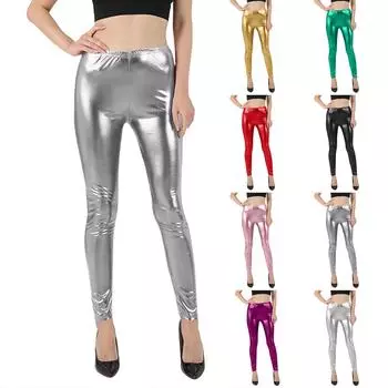 Женские блестящие облегающие леггинсы с высокой талией, модные эластичные талии, узкие брюки длиной девять четвертей XL зелёный