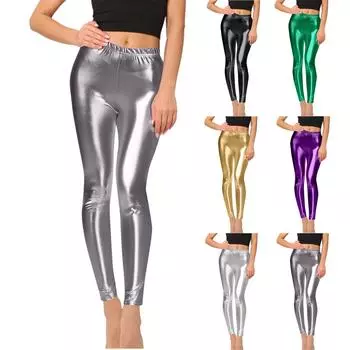 Женские блестящие облегающие леггинсы с высокой талией, модные эластичные талии, узкие брюки длиной девять четвертей L чёрный