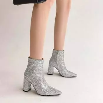 Женские блестящие серебряные сапоги, блестящие золотисто-белые сапоги с пайетками, женская обувь на высоком каблуке для вечеринок, большие размеры 43 33