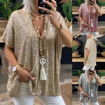 Женские блестящие свободные топы с V-образным вырезом, женская клубная одежда, вечерняя блузка, футболка M золотой