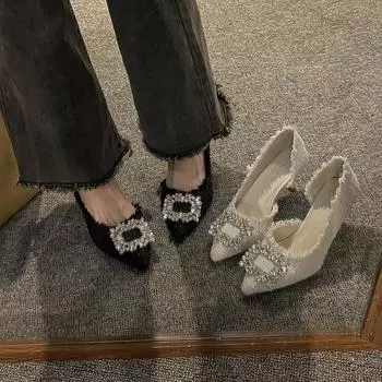 Женские блестящие туфли со стразами, квадратная пряжка, острый носок, высокие каблуки, женские тканевые туфли, свадебные туфли 35 чёрный