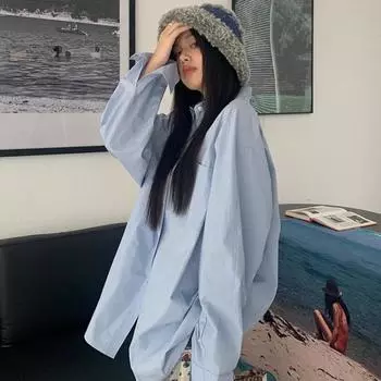 Женские блузки, базовые корейские модные белые и черные рубашки с длинными рукавами, уличная одежда больших размеров, шикарный женский универсальный кардиган M синий