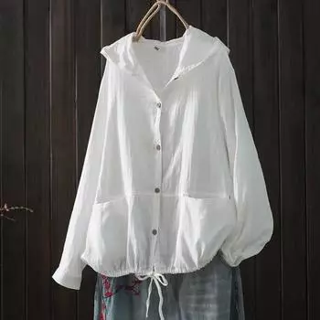 Женские блузки больших размеров осень-весна с капюшоном и длинным рукавом однобортные рубашки регулируемые женская одежда one size хаки