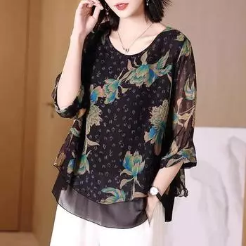 Женские блузки больших размеров с рукавом 3/4 и цветочным принтом, тропическая шифоновая рубашка, пляжная повседневная свободная блузка M чёрный