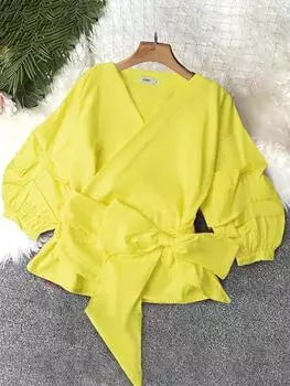 Женские блузки больших размеров с V-образным вырезом и пышными рукавами и поясом, рубашки для женщин S жёлтый