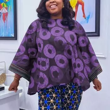 Женские блузки большого размера с круглым вырезом и длинным рукавом с принтом M синий