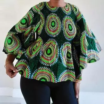 Женские блузки большого размера с круглым вырезом и принтом, расклешенные, с длинным рукавом M зелёный