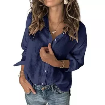 Женские блузки и рубашки из хлопка и льна, свободный повседневный топ с воротником и застежкой на пуговицы на рукавах S серый