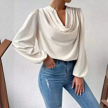 Женские блузки и рубашки с длинными рукавами и плиссированным воротником, однотонные, в стиле темперамент для поездок на работу, с рукавами-фонариками S