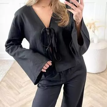 Женские блузки и рубашки Сексуальный топ с глубоким V-образным вырезом и завязками Модные женские топы Кардиган Свободная рубашка S белый