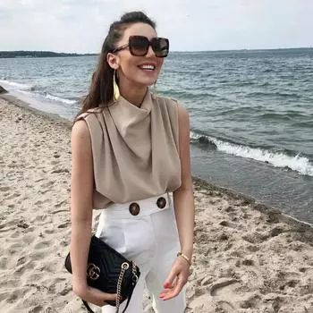 Женские блузки Элегантная однотонная офисная блузка без рукавов Женская рубашка Повседневная деловая летняя весна L хаки