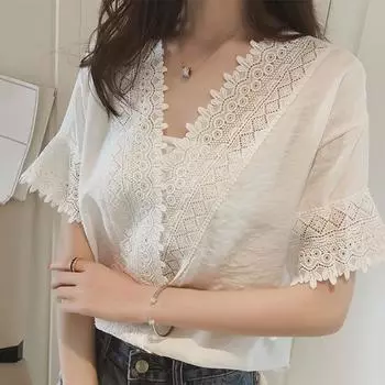 Женские блузки, кружевные полые рубашки, повседневные топы XXL