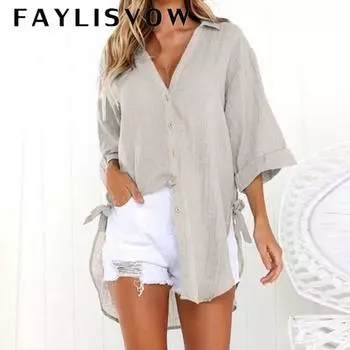 Женские блузки, лето 2022, льняные рубашки, женские свободные рубашки с нерегулярным подолом, поясом и пуговицами, женская рубашка с отложным воротником XXL белый