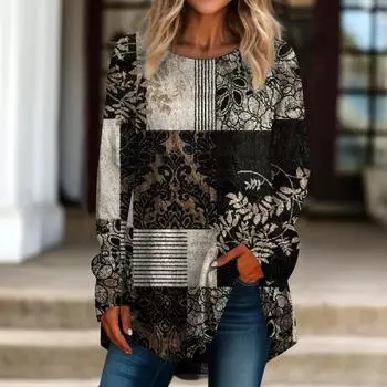 Женские блузки, модные, повседневные, больших размеров, с длинными рукавами, круглым вырезом, с принтом в стиле ретро, футболка, топ S