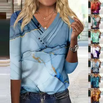 Женские блузки, модный повседневный плиссированный топ на пуговицах с рукавами 3/4 и v-образным вырезом с принтом L циан