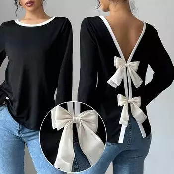 Женские блузки, нарядные, повседневные, рубашки с длинным рукавом, топы с круглым вырезом и длинным рукавом, рубашки, модные, праздничные L чёрный