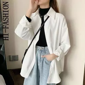 Женские блузки, однотонные повседневные свободные рубашки с отложным воротником, универсальные модные простые женские топы в корейском стиле на осень на пуговицах M белый