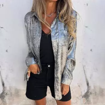 Женские блузки, однотонные рубашки с длинными рукавами и карманами, повседневные футболки, свободные рубашки, топы, пуловер для женщин, модная блузка L серебряный