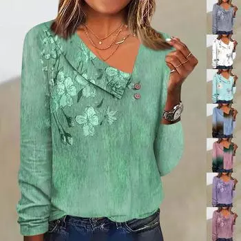 Женские блузки, повседневная сексуальная модная футболка с длинным рукавом, воротник на пуговицах, модная одежда, топы с v-образным вырезом, футболка, пуловеры, топы XL циан