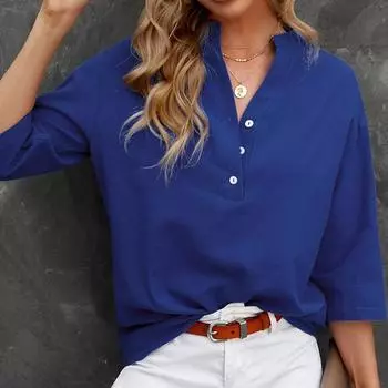 Женские блузки, повседневные свободные футболки с круглым вырезом и пуговицами, простые рубашки с коротким рукавом для женщин, элегантные футболки S чёрный