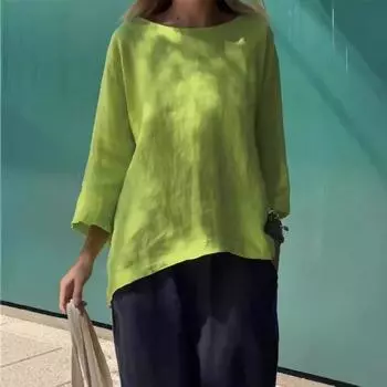 Женские блузки, рубашка с девятью рукавами, осенняя рубашка с круглым вырезом из хлопка и льна, однотонная свободная рубашка S белый