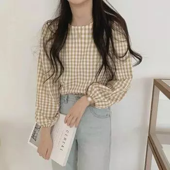 Женские блузки, рубашки, повседневные футболки с длинными рукавами, свободный крой, струящиеся топы, клетчатые пуловеры с круглым вырезом и оборками