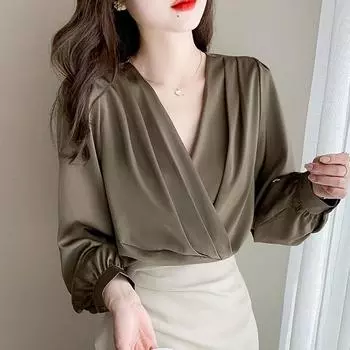 Женские блузки, рубашки, весна 2025, длинный рукав, V-образный вырез, офисная женская шифоновая блузка, рубашка, женские топы J759 S хаки