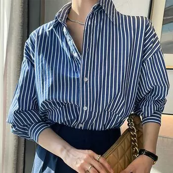 Женские блузки, рубашки, весна 2025, женская блузка с длинным рукавом, рубашка с отложным воротником, офисная женская полосатая блузка, рубашка, женские топы J841 S