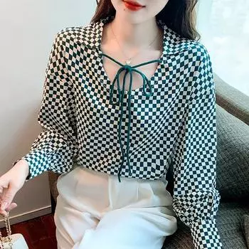 Женские блузки, рубашки, весна 2025, женская блузка с длинным рукавом, рубашка с круглым вырезом, клетчатая шифоновая блузка, рубашка, женские топы J585 S зелёный