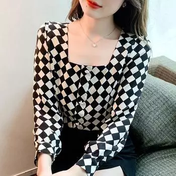 Женские блузки, рубашки, весна 2025, женская блузка с длинным рукавом, квадратный воротник, черная шифоновая блузка, женские топы J588 S чёрный