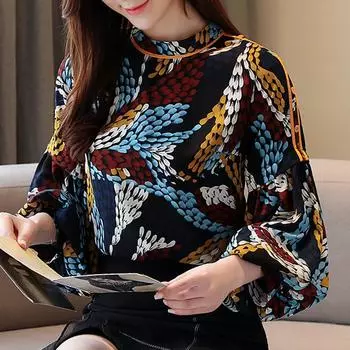 Женские блузки, рубашки, весна 2025, женская блузка с длинным рукавом, рубашка с круглым вырезом, шифоновая блузка с принтом, женские топы J662 S